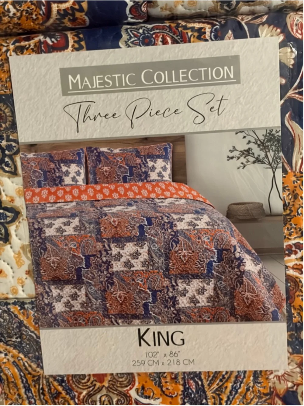 Majestic Boho Style Collection King Quilt Set Orange Blue Paisley Patchwork